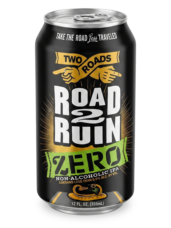 Road 2 Ruin Zero by Two Roads Brewing, a Double IPA non-alcoholic beer
